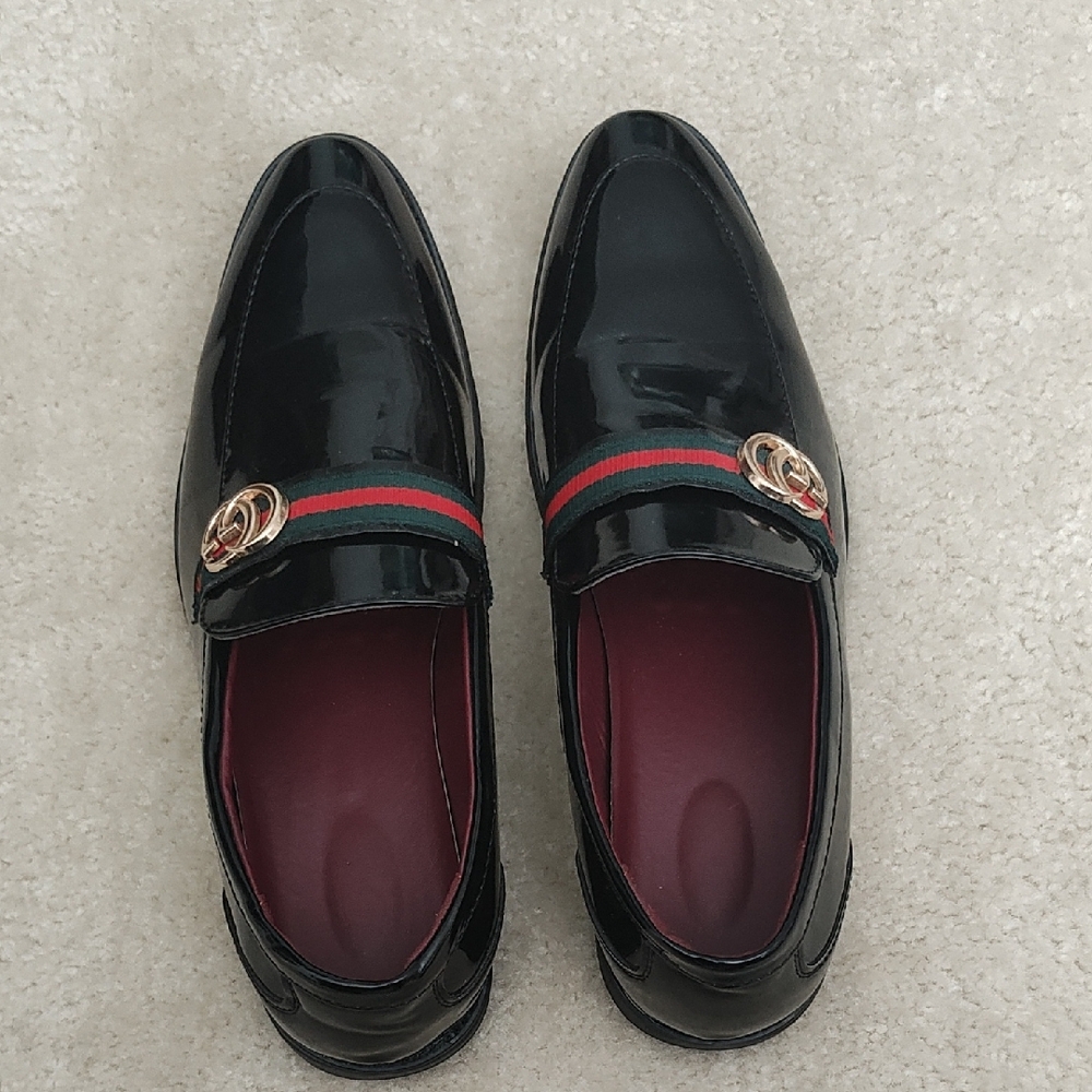 Men Black Patent Loafers with Gold and Green-Red Stripe Wore Once.